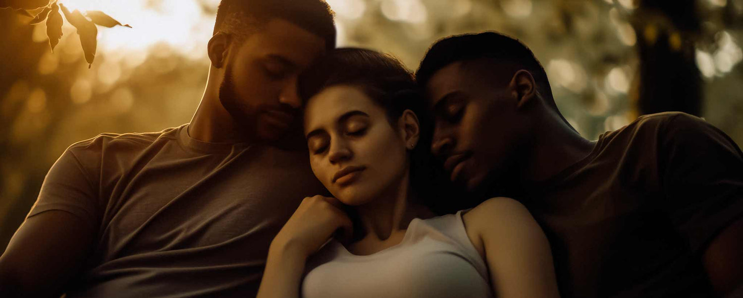 A lady relaxes between two Black men on a porch swing. (ai)