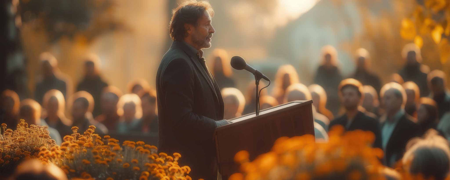 Man delivering non-denominational outdoor eulogy. (ai)