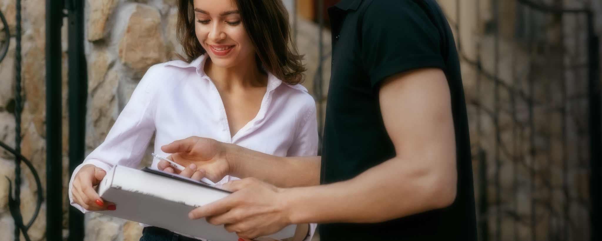 'Female receiving home pizza delivery'