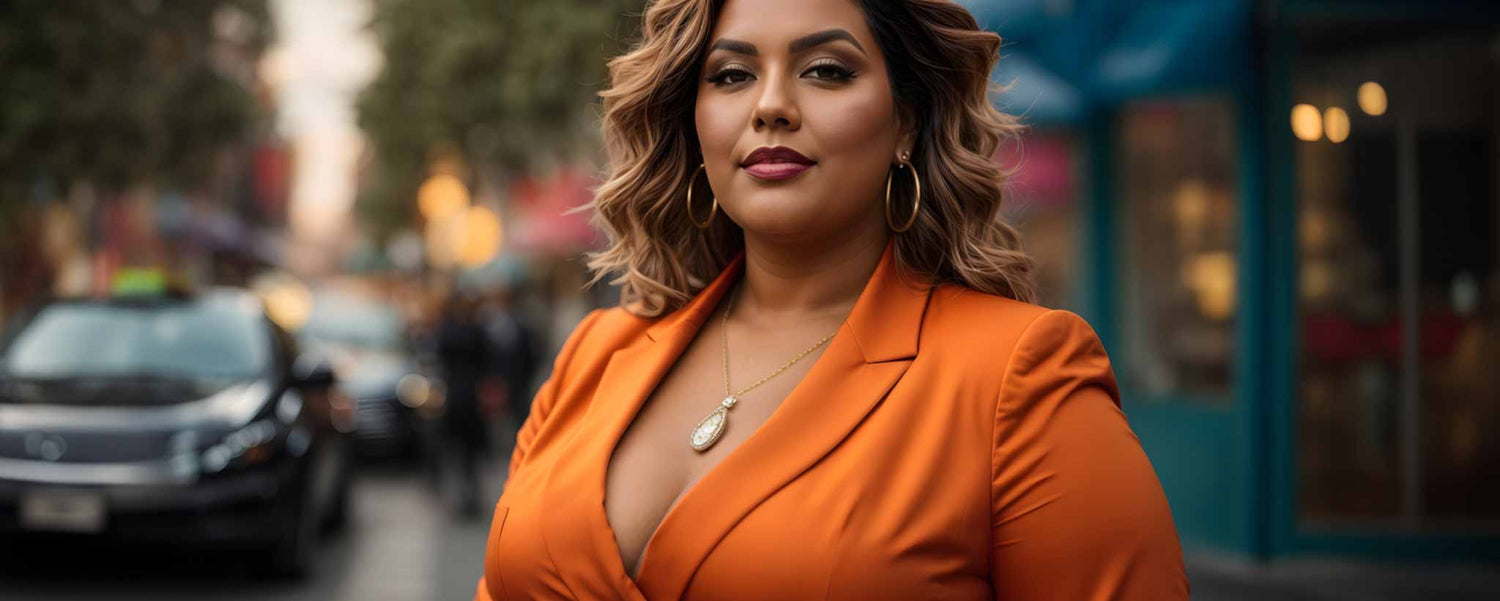 A beautiful plus-size female outdoor business attire. (ai)