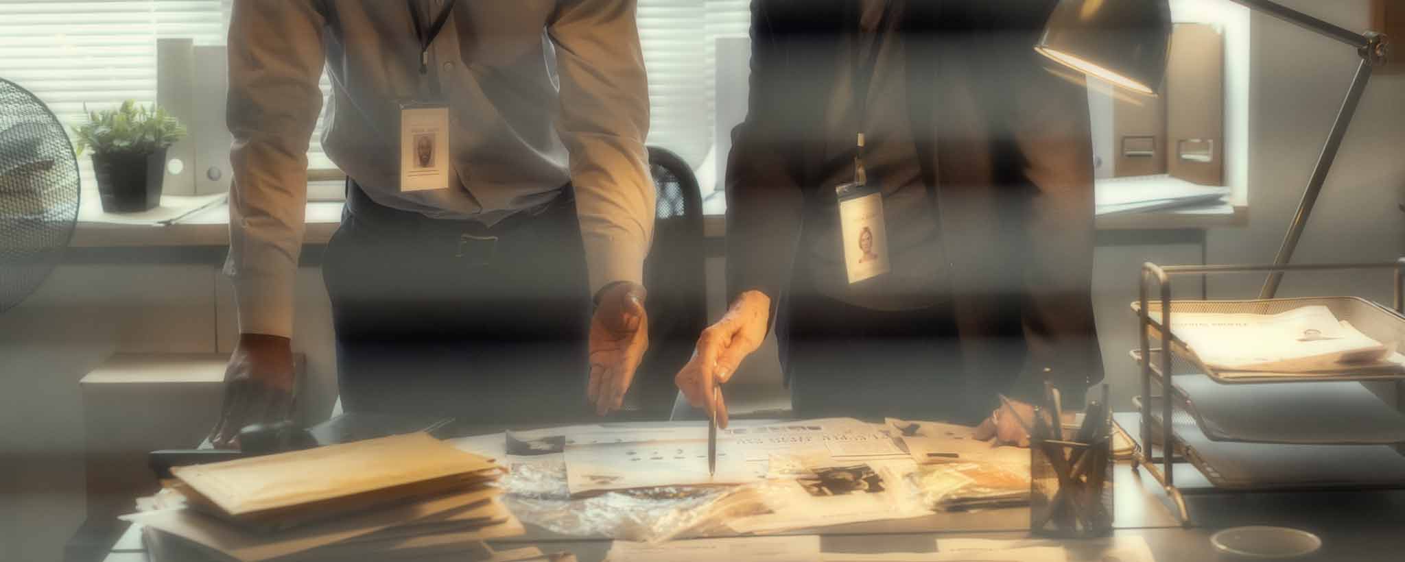 'A pair of police agents review evidence at a desk.'
