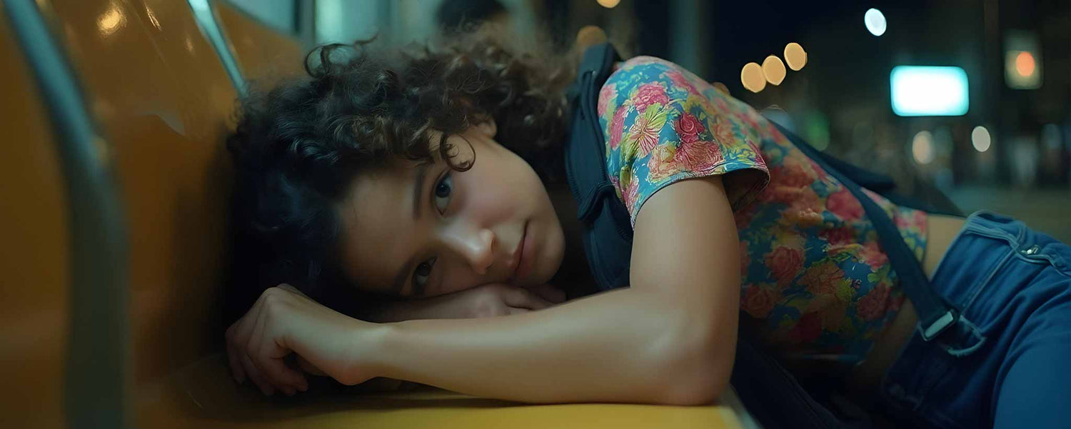 A runaway girl lies her head on a bus bench. (ai)