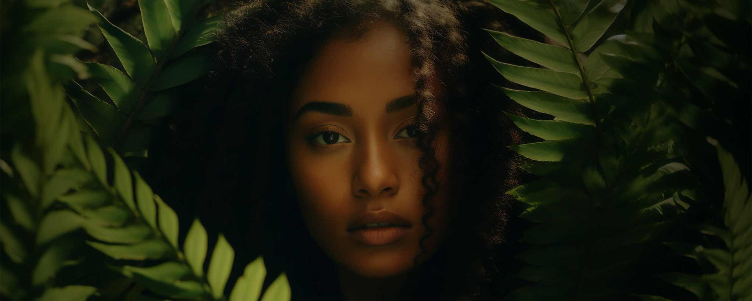 A beautiful indigenous female face behind fern leaves.