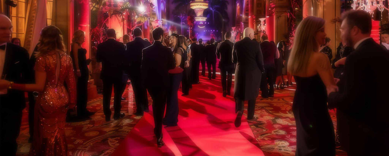 Formal event with guests walking down a red carpet in an elegant venue. (ai)