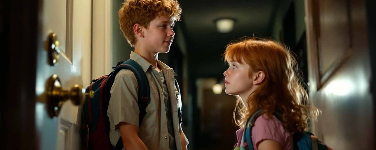 'A couple of young redhead siblings stand in an apartment hallway. (ai)'