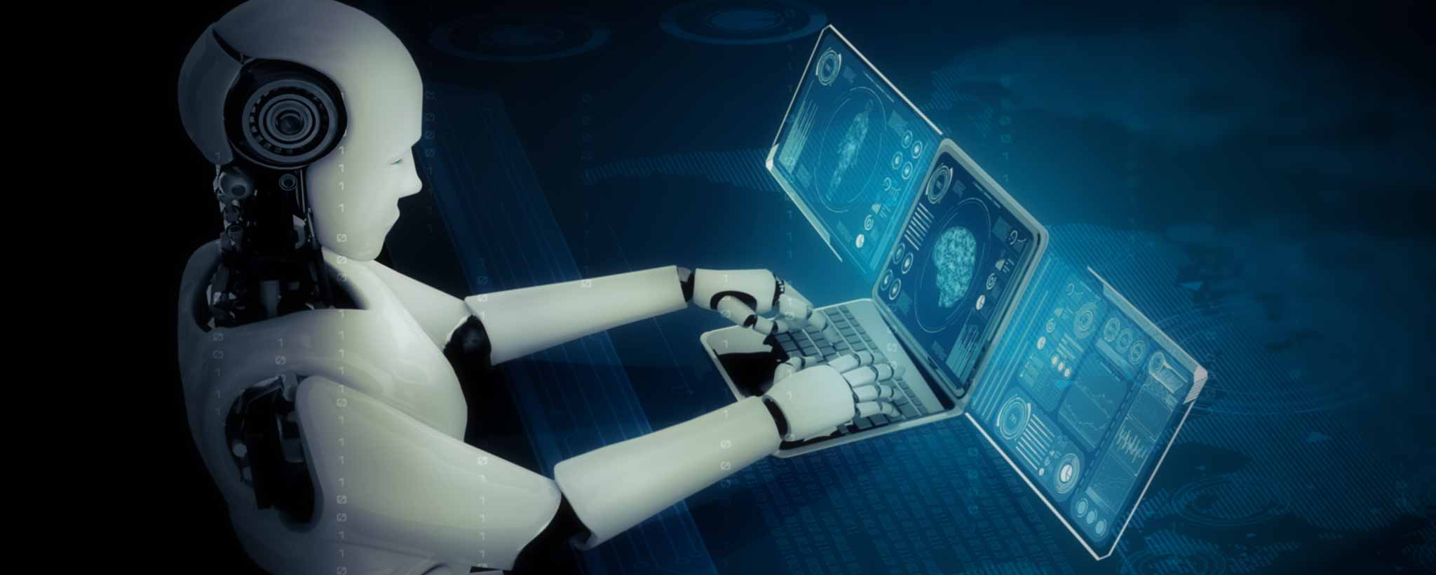 'Robot using computer. (ai)'