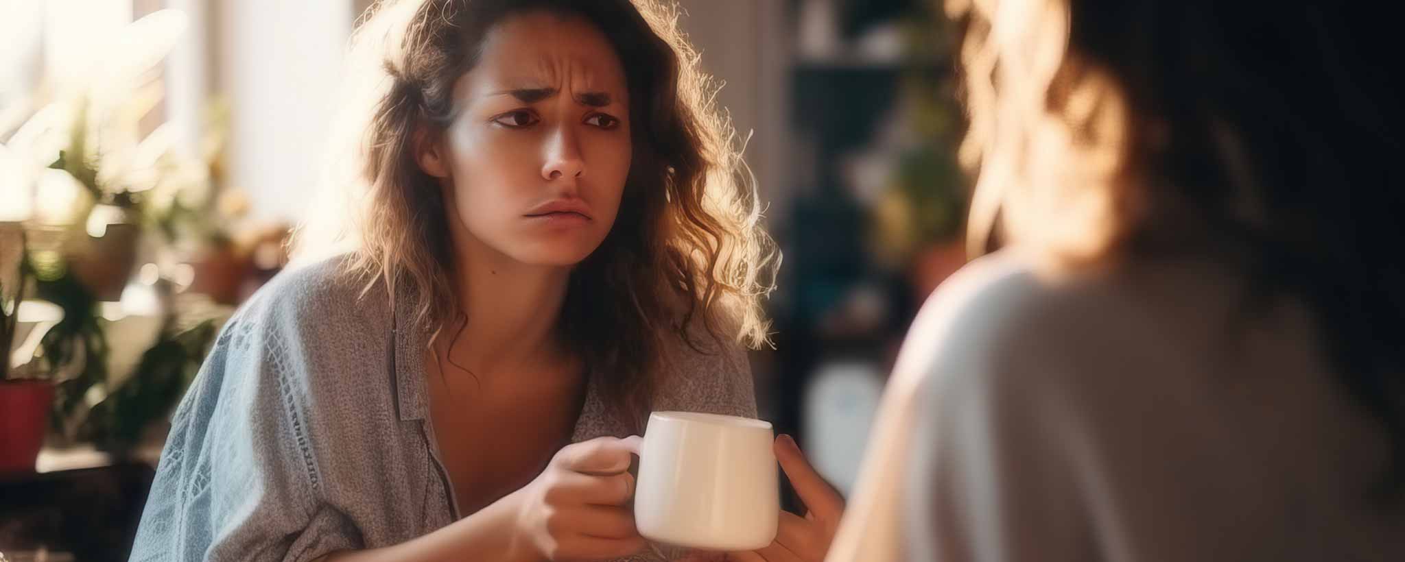 'A distressed adult female talks with an mature person over tea. (ai)'