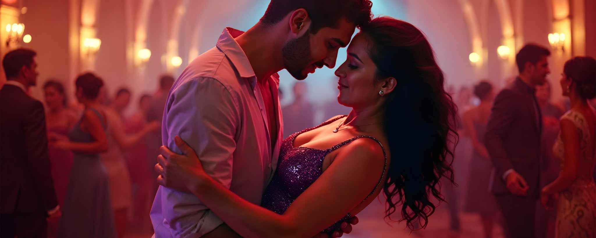 'A Latina and her Latin partner dance salsa with a young man at a party. (ai)'