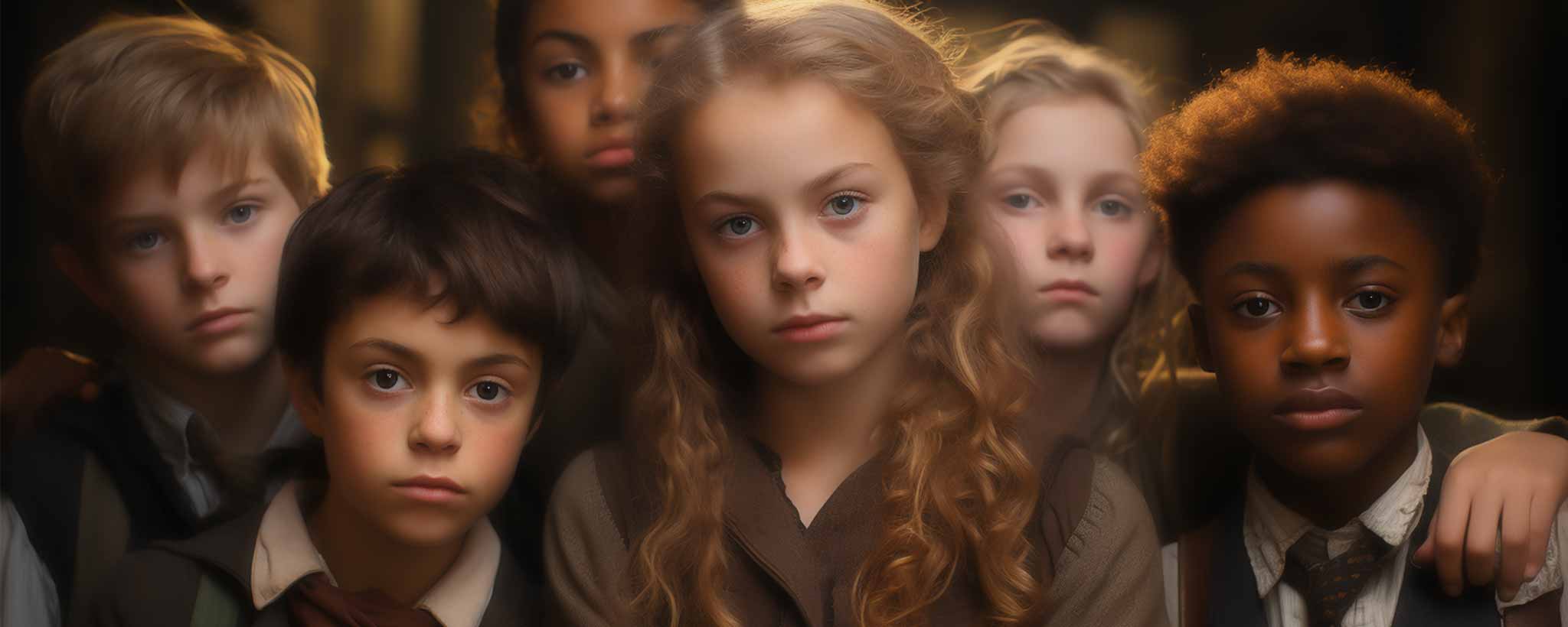 'A group of serious youthful children facing forward. (ai)'