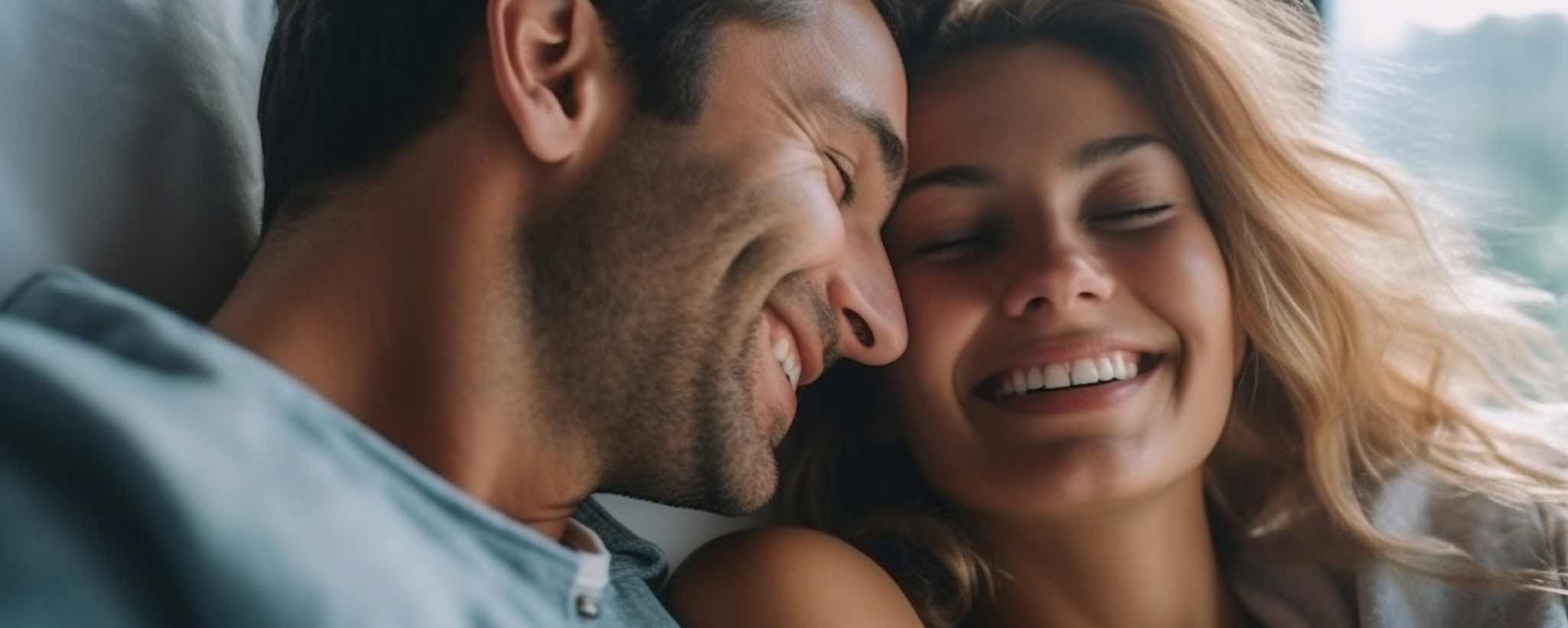 'Smiling romantic couple snuggle up. (ai)'