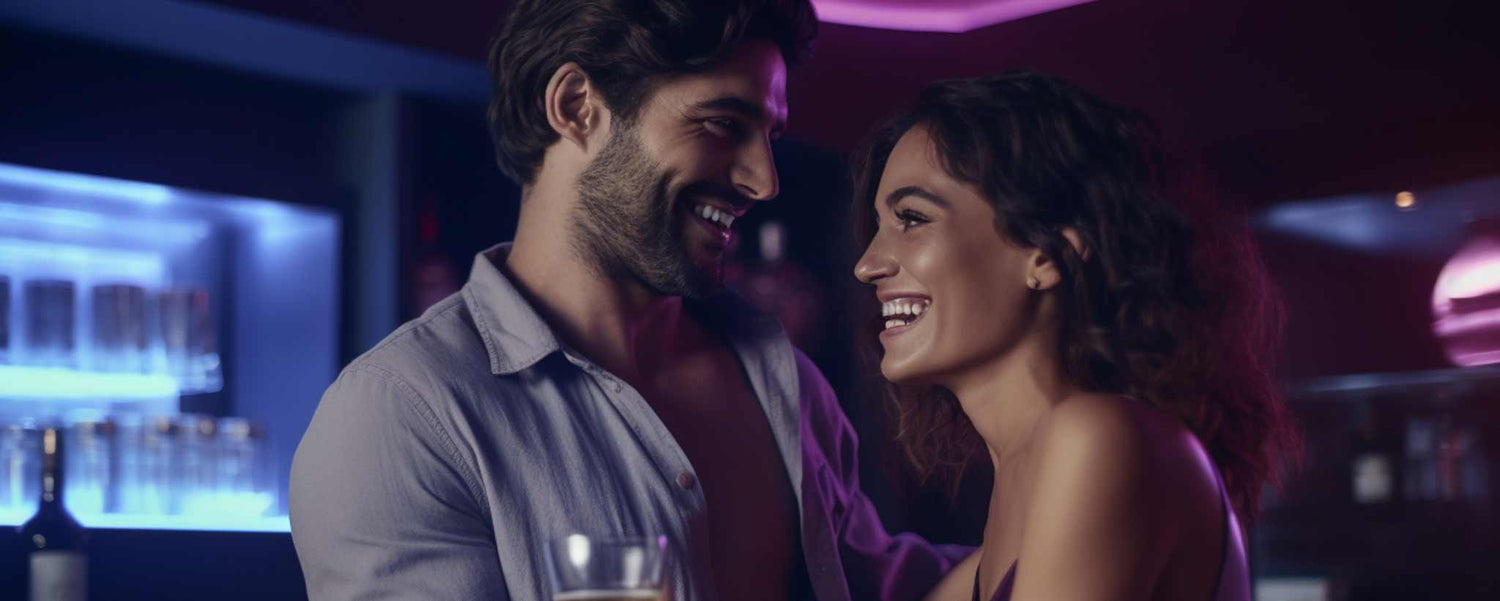 Young romantic couple smiling in a bar. (ai)