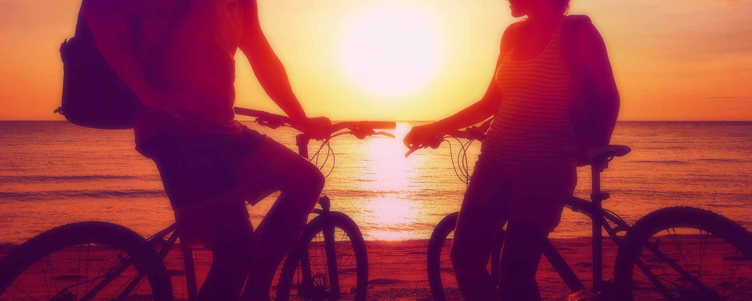 Male and female adults rest on bicycles while watching an orange sunset over the ocean.
