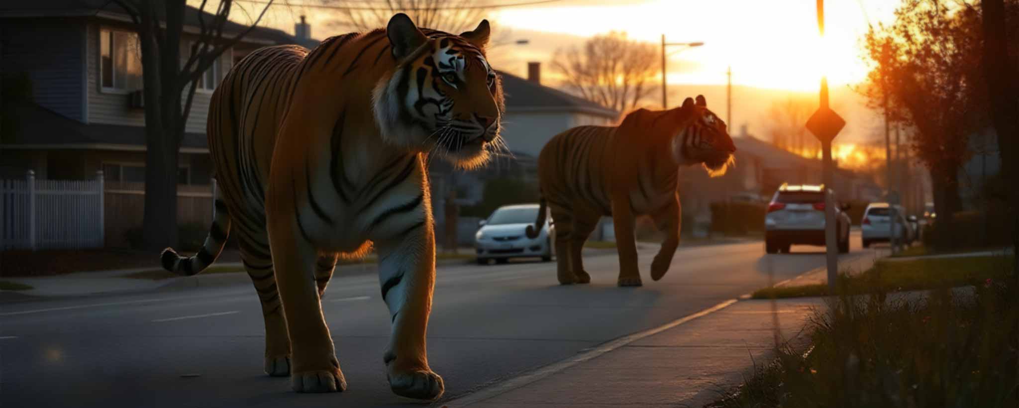 'Large tigers roam residential streets. (ai)'