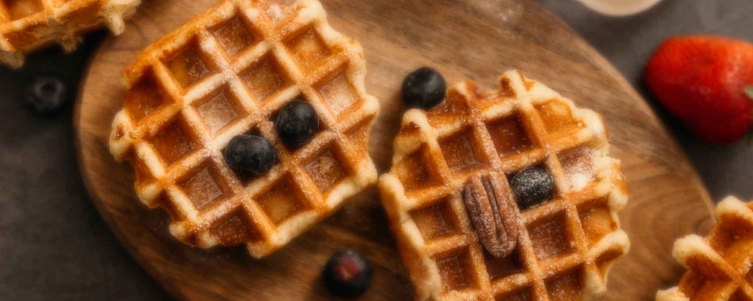 Round waffles with berries rest on a wooden platter.
