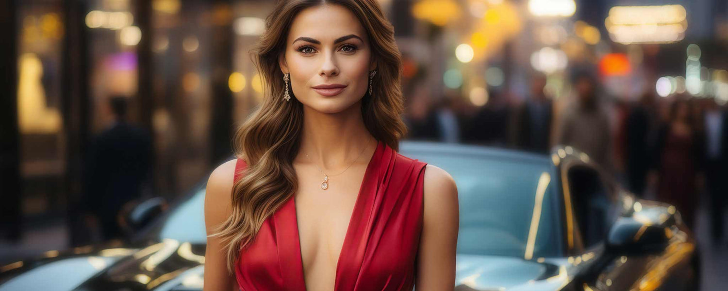 A glamorous female in front of a fancy automobile. (ai)