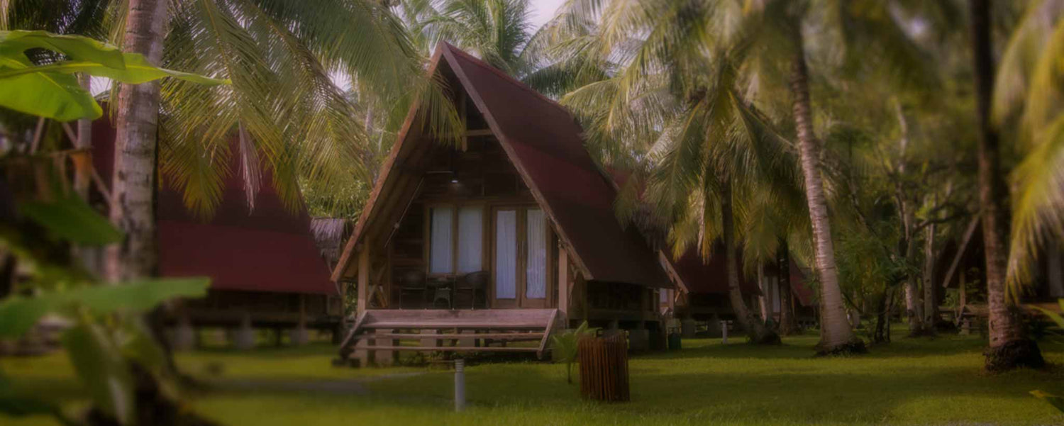 Wooden cabins among trees on an island.