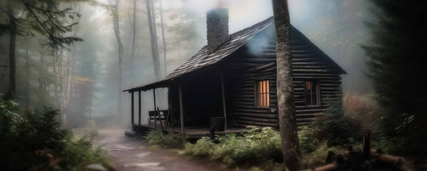 A small cabin in the misty woods. (ai)