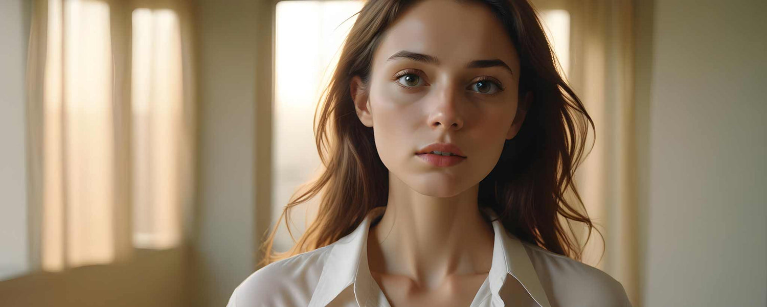 A portrait of a young lady standing in a living room. (ai)