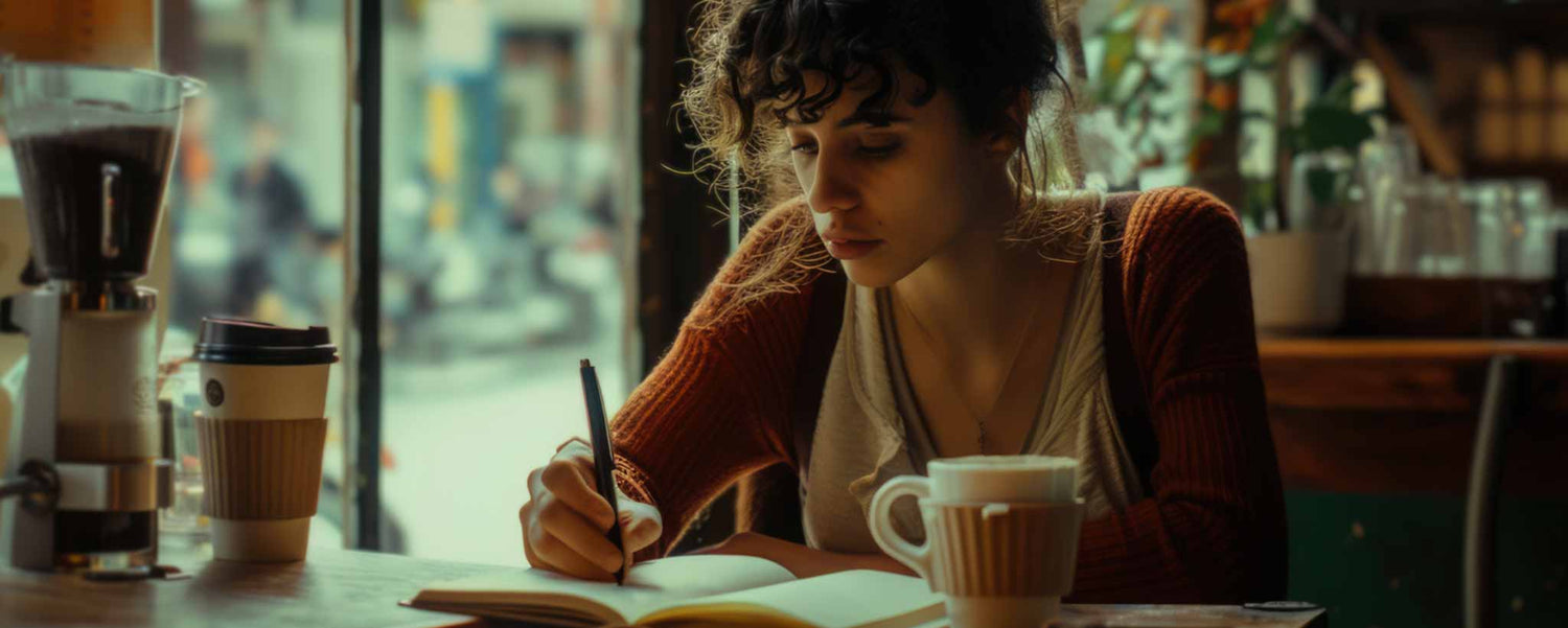 A young lady is writing in a notebook at a cafe with a cup of coffee. (ai)