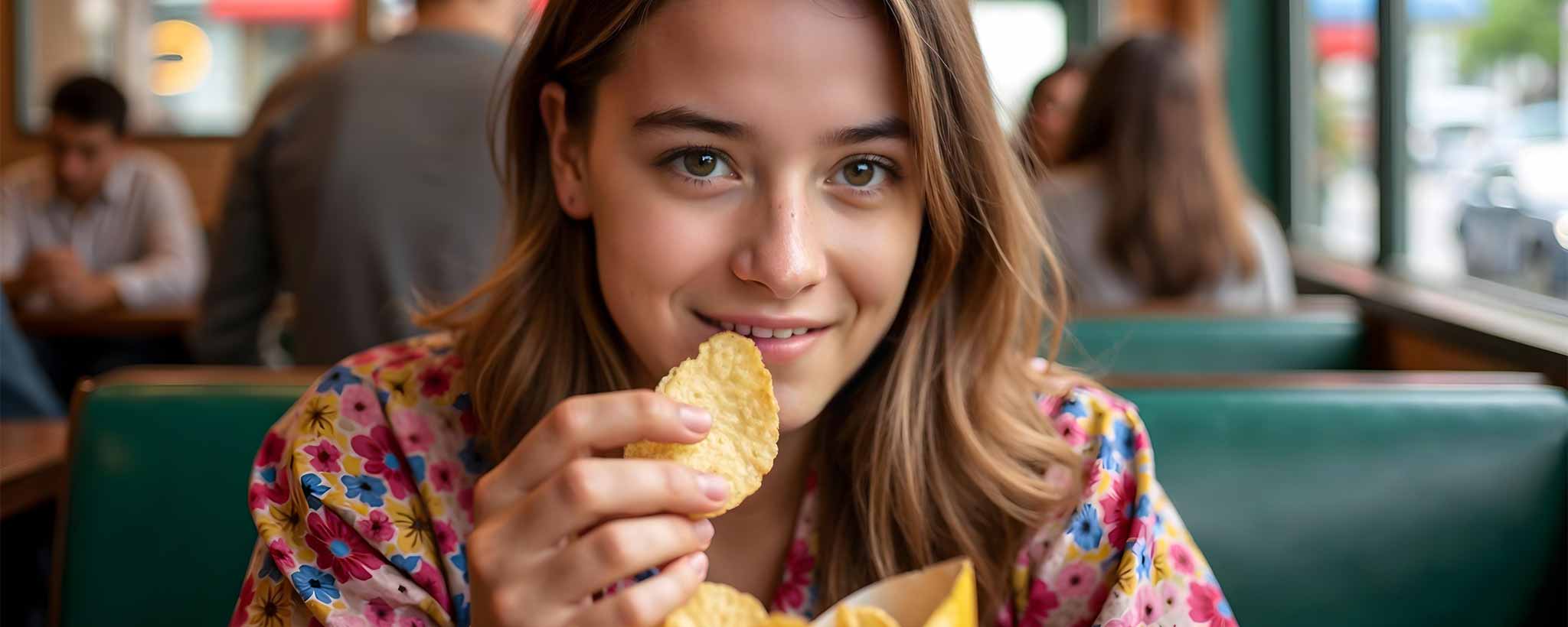'A Caucasian young lady eats potato chips in a delicatessen. (ai)'