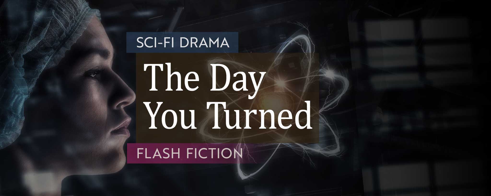 'A female scientist facing a large atom.'