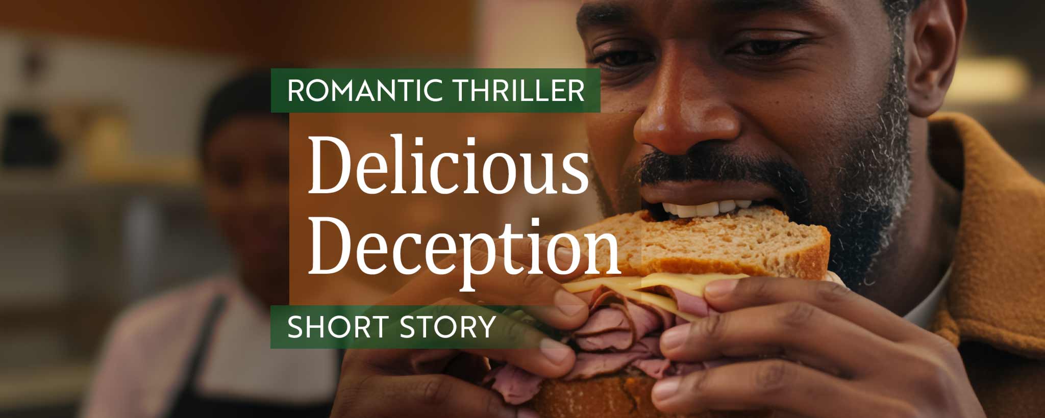 'A man is eating a sandwich in a deli setting with a blurred background. (ai)'