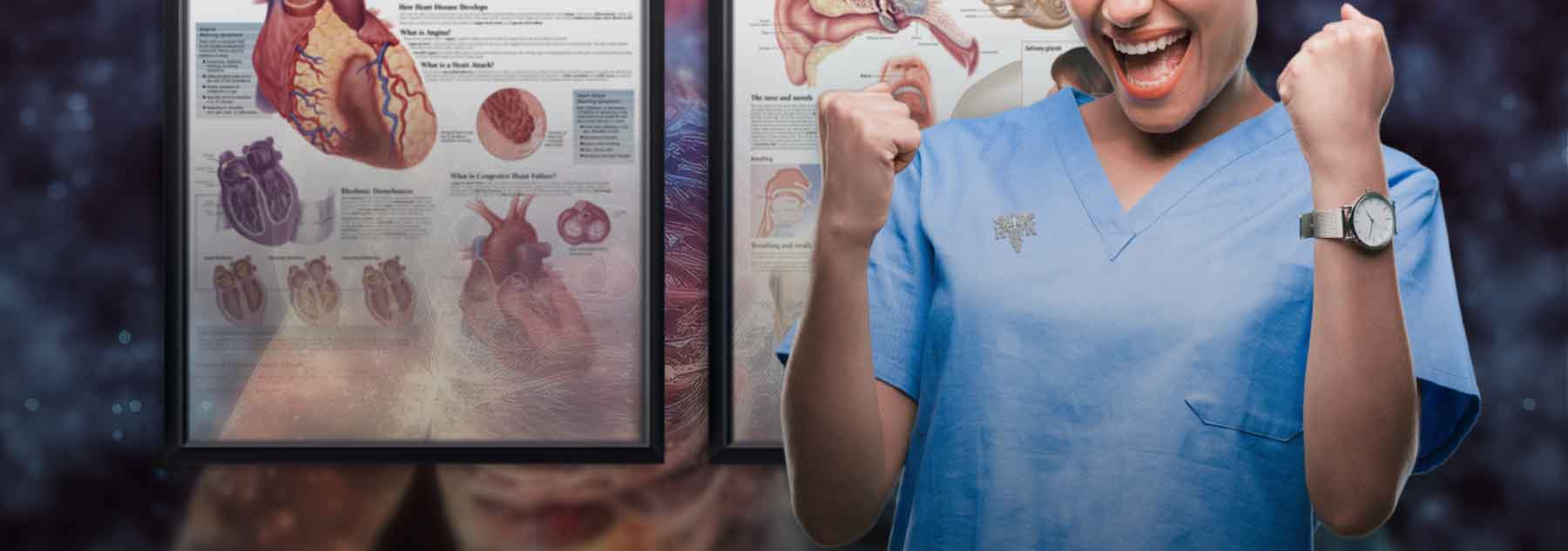 Excited female nurse with posters