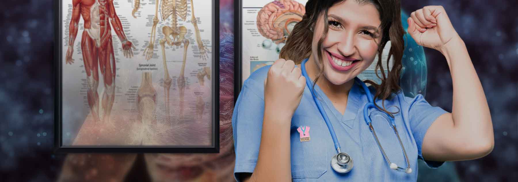 Happy female nurse with posters