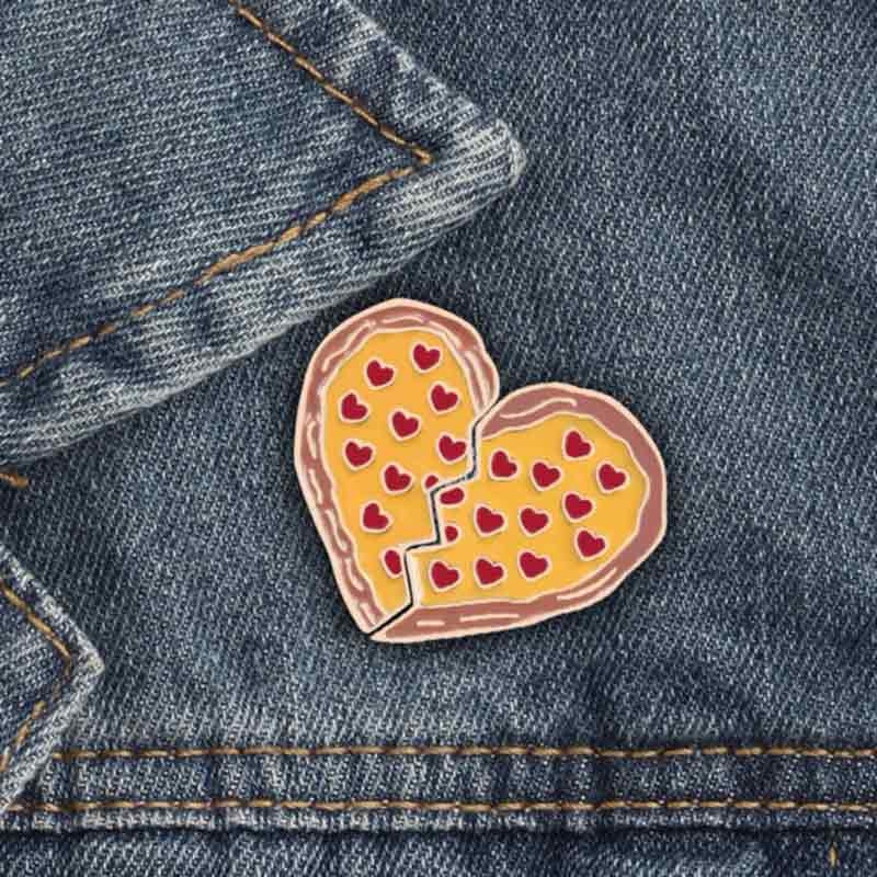 Broken Pizza Heart Enamel Lapel Pin on Denim