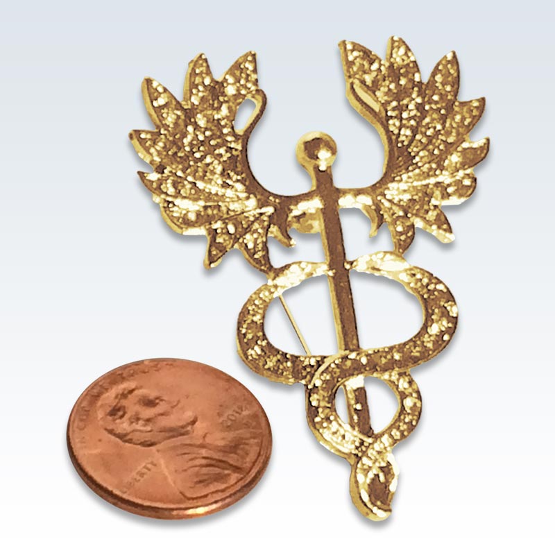 Big Wing Caduceus Gold and Crystal Lapel Pin Size