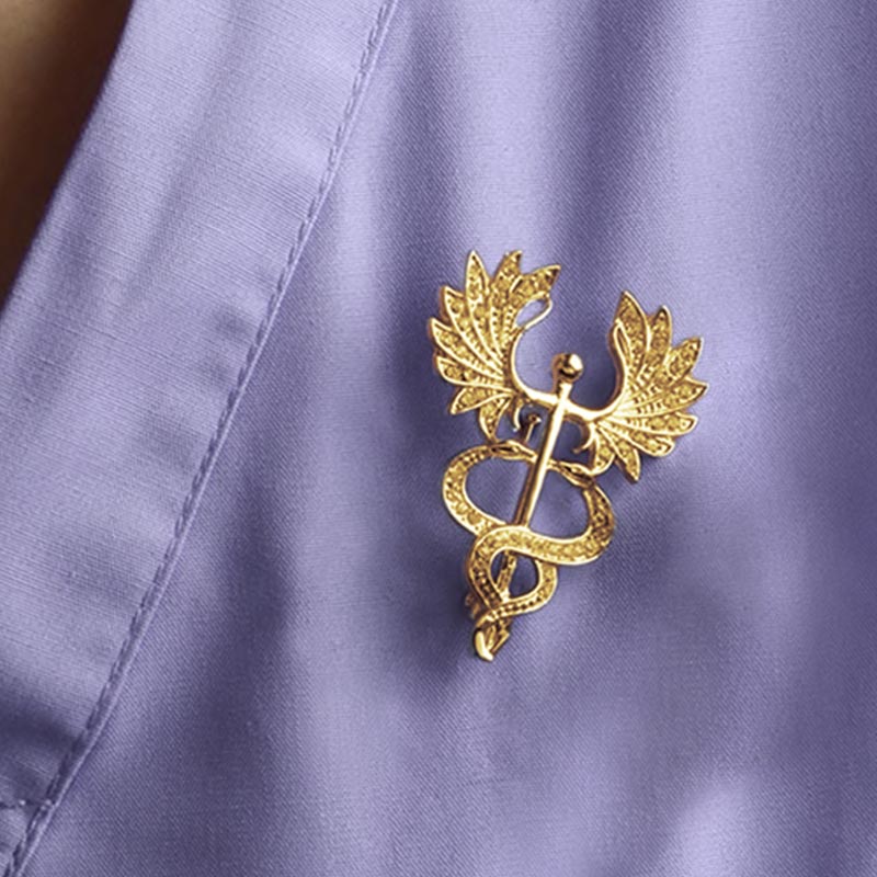 Wearing Big Wing Caduceus Gold and Crystal Lapel Pin