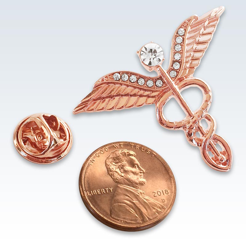 Rose Gold Winged Caduceus Lapel Pin Size