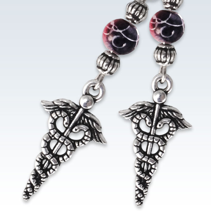 Caduceus Red Pearl Earrings Detail