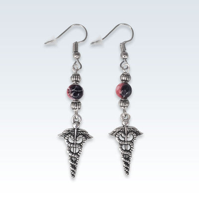 Caduceus Red Pearl Earrings