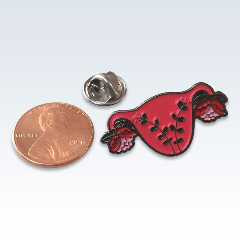 Red Enamel Floral Uterus Lapel Pin Size