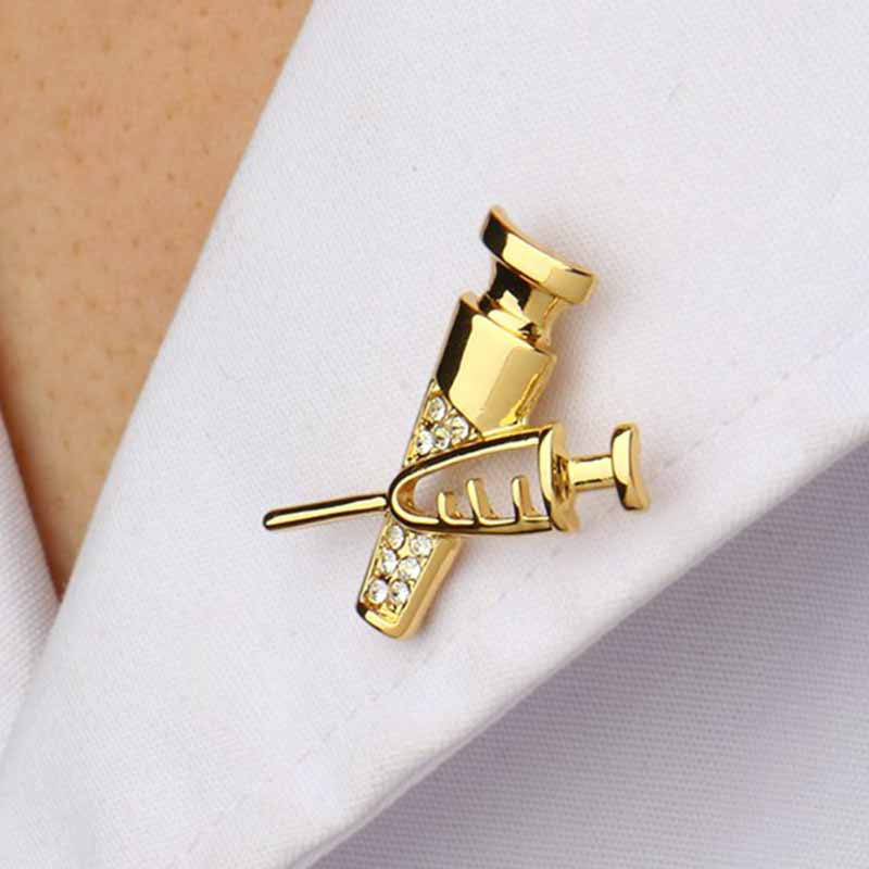 Wearing Gold Needle Shots Lapel Pin