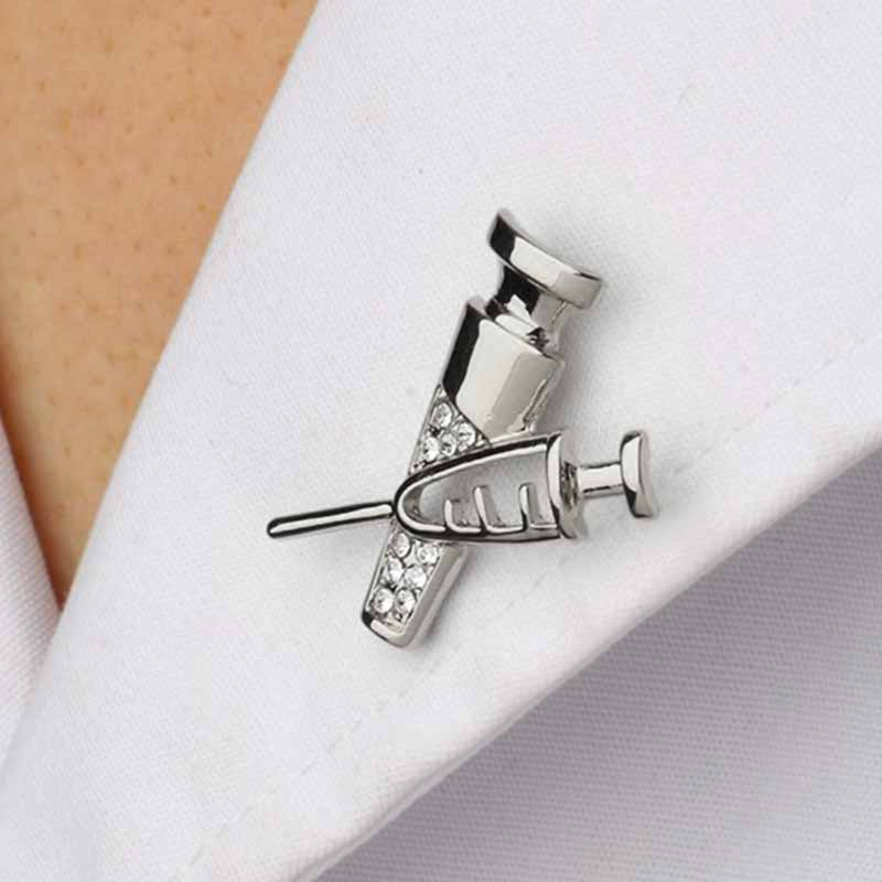 Wearing Silver Needle Shots Lapel Pin
