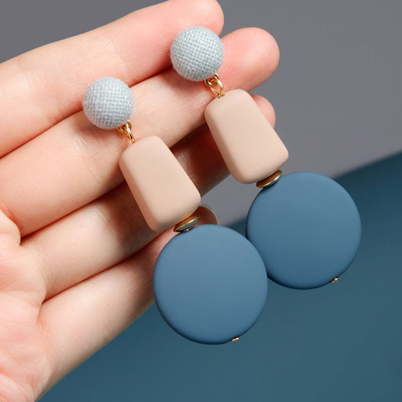 Geometric Blue Beige Wood Earrings