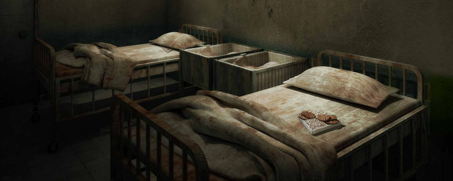 Dirty hospital-style beds in a dark room.