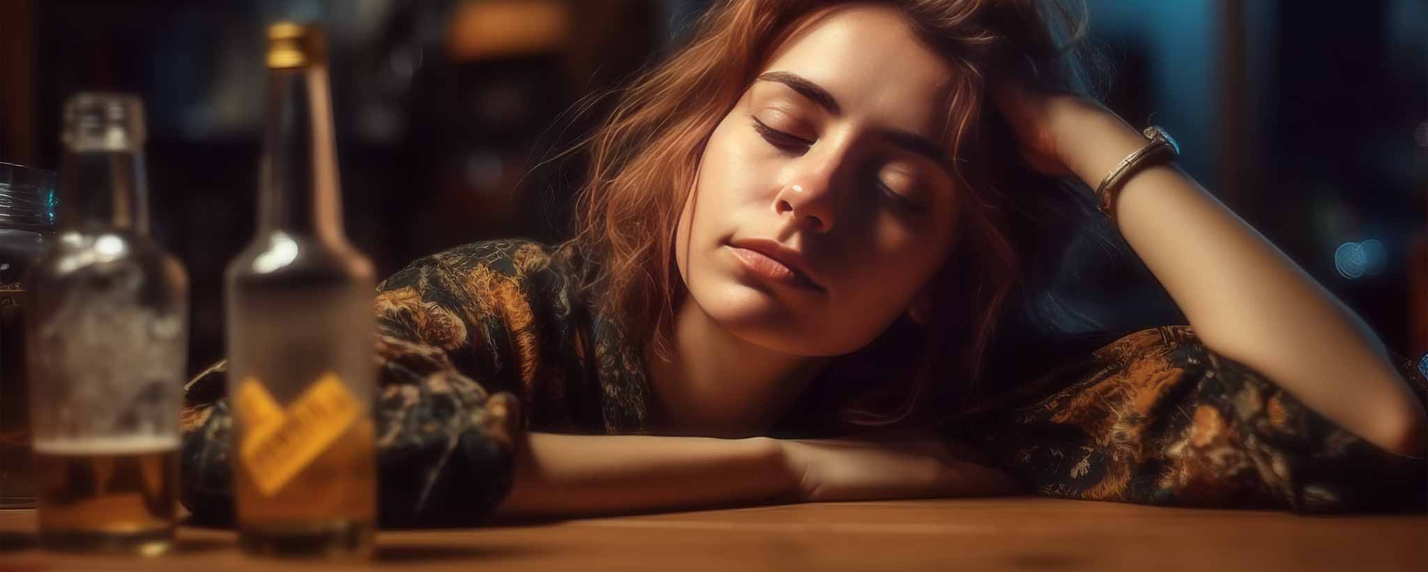 'A female dozing off with her elbows on a table. (ai)'