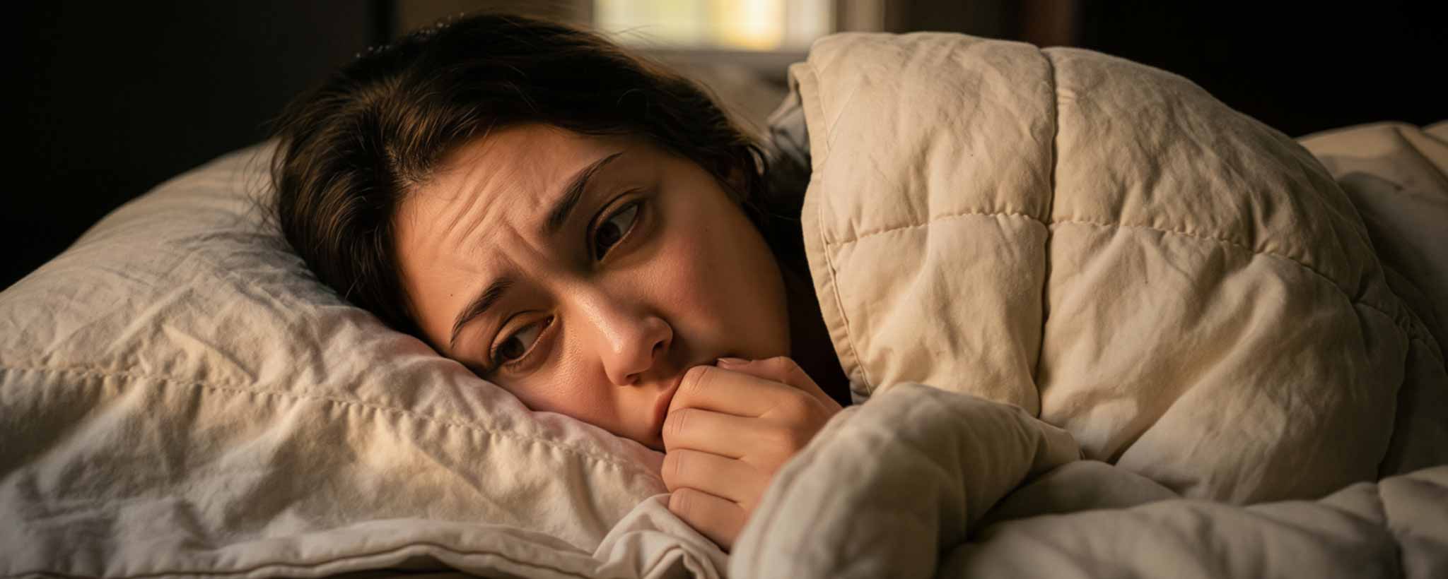 'An anxious lady lying in bed under a light beige quilted blanket, looking distressed with her hand near her mouth. (ai)'