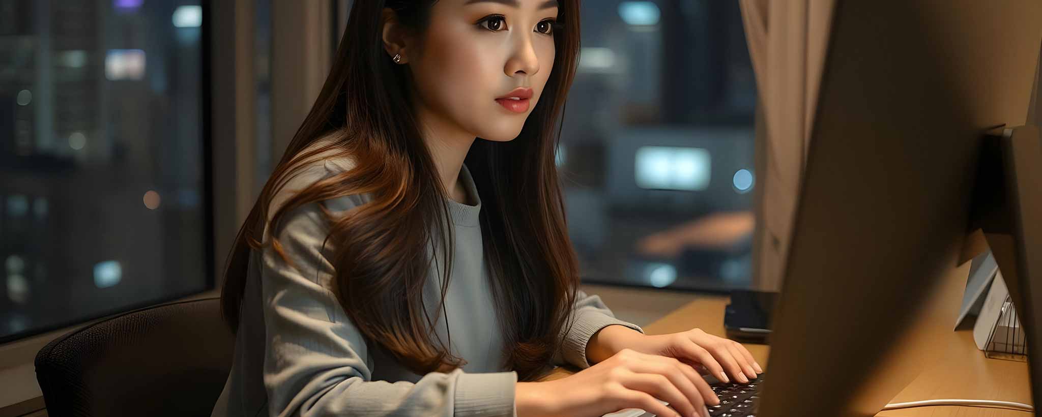'An Asian female types on a computer in hr bedroom at night. (ai)'