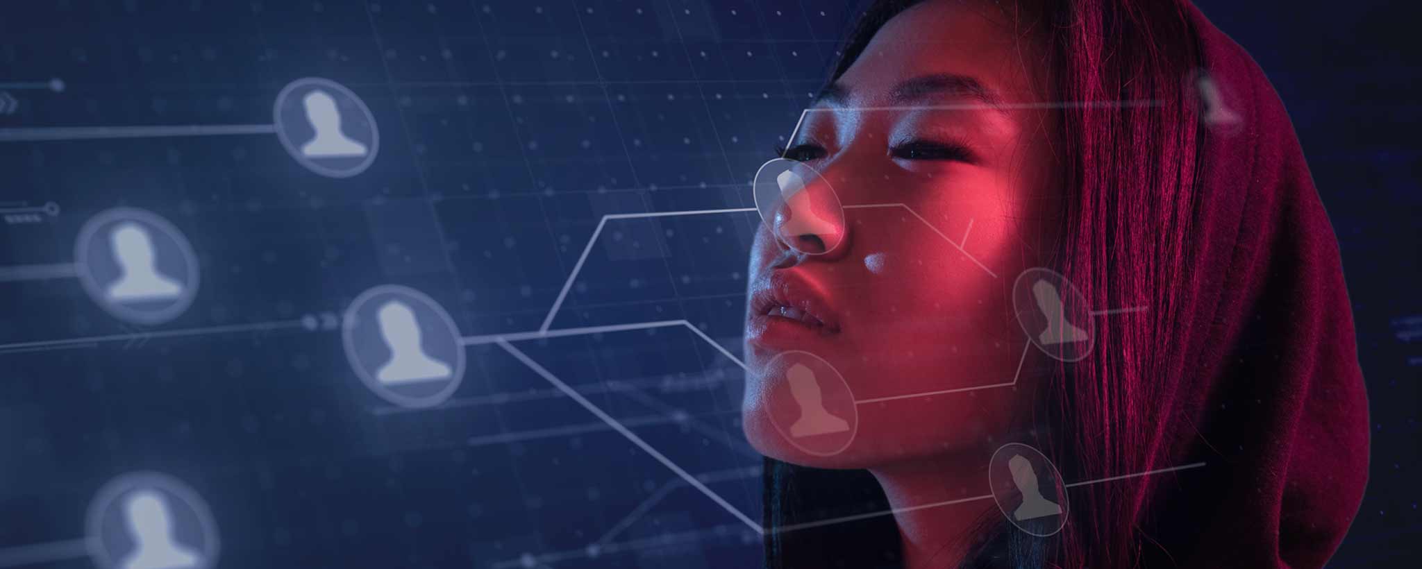 'Asian woman immersed in digital network'