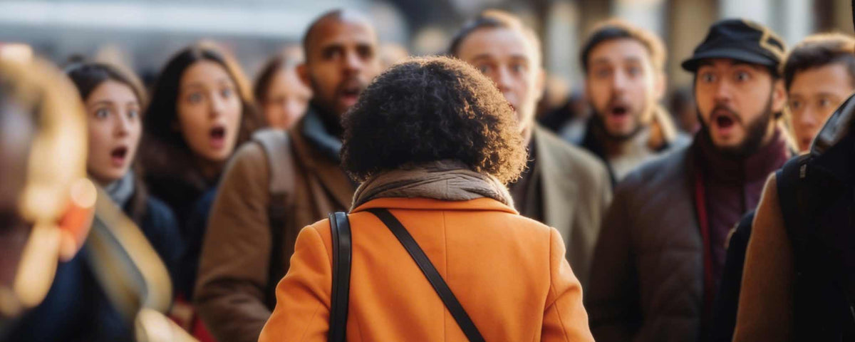 A person in an orange coat is walking through a crowd of people with surprised expressions. (ai)