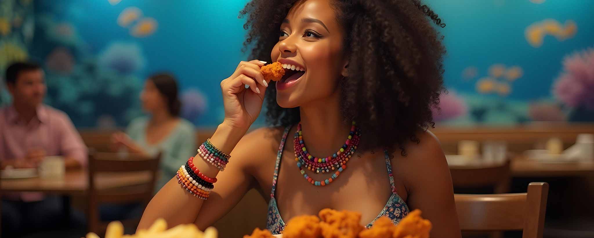 'A beautiful biracial female eats a chicken wing in a restaurant. (ai)'