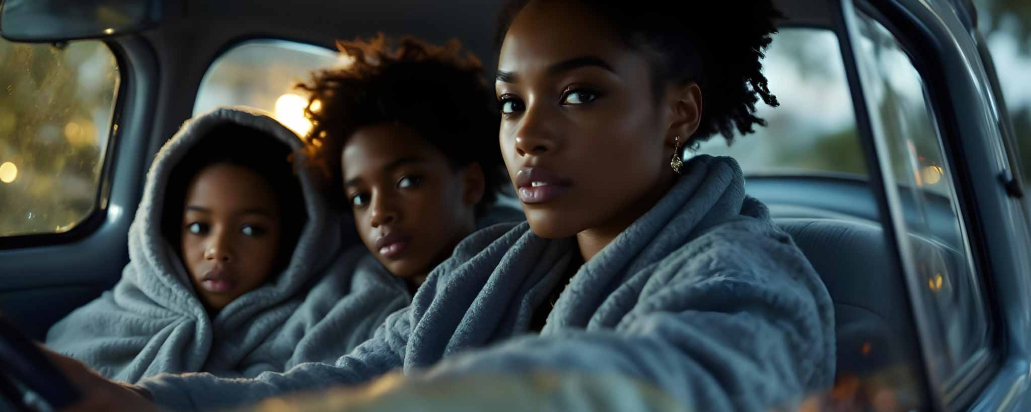 'African American family inside Volkswagen for the the night'