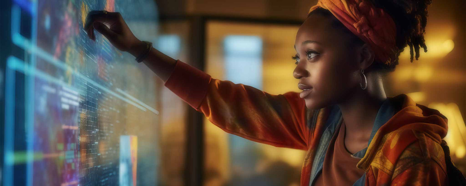 A black female interacts with large digital display. (ai)