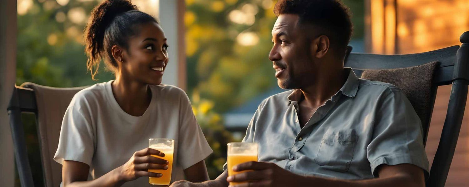 African American niece and uncle sip lemonade on porch