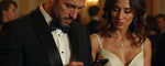 A couple at formal event checks a phone message. (ai)