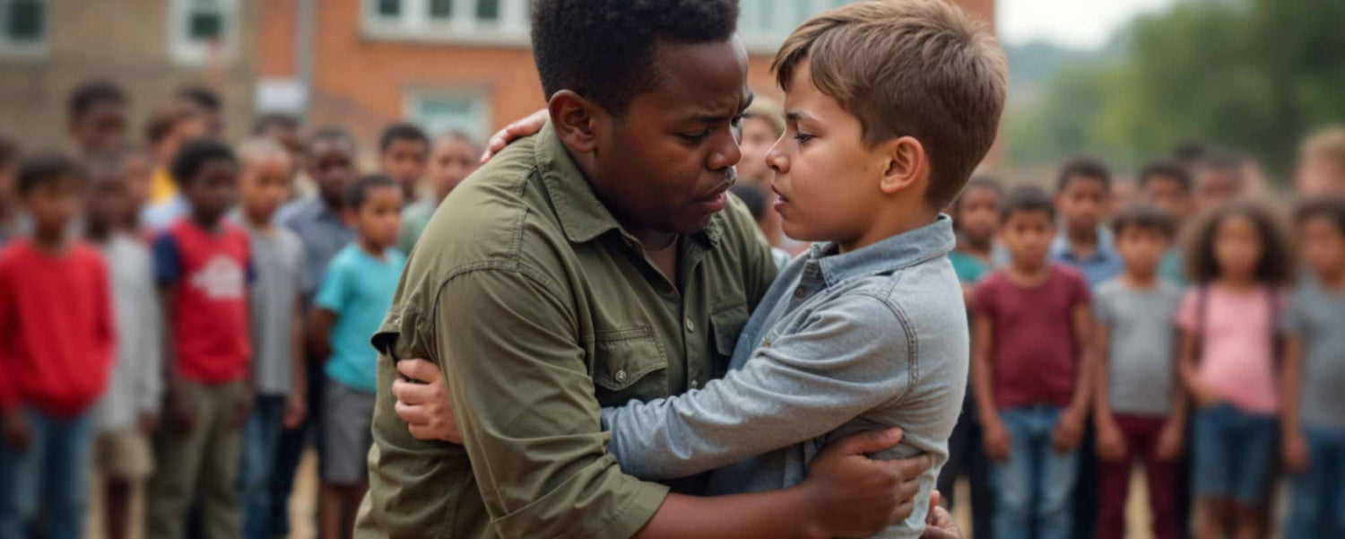 Children wrestle in the schoolyard as a crowd looks on. (ai)